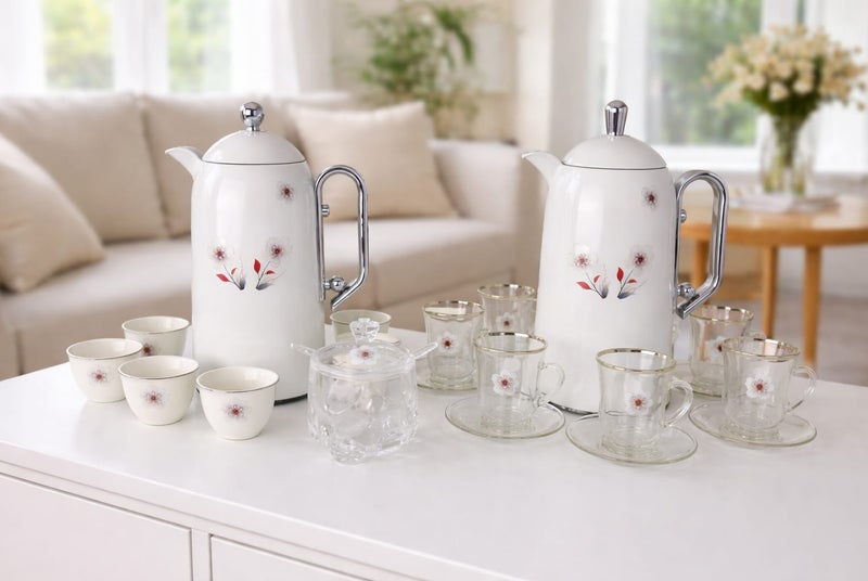 Radin 22Pieces Arabic Tea Coffee Set with 1Tray 2Pieces Silver Thermos 6Cawa Cups 6Tea Cups 6Saucers 1Sugar Bowl - Image 1