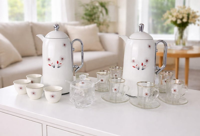 Radin 22Pieces Arabic Tea Coffee Set with 1Tray 2Pieces Silver Thermos 6Cawa Cups 6Tea Cups 6Saucers 1Sugar Bowl - Image 2
