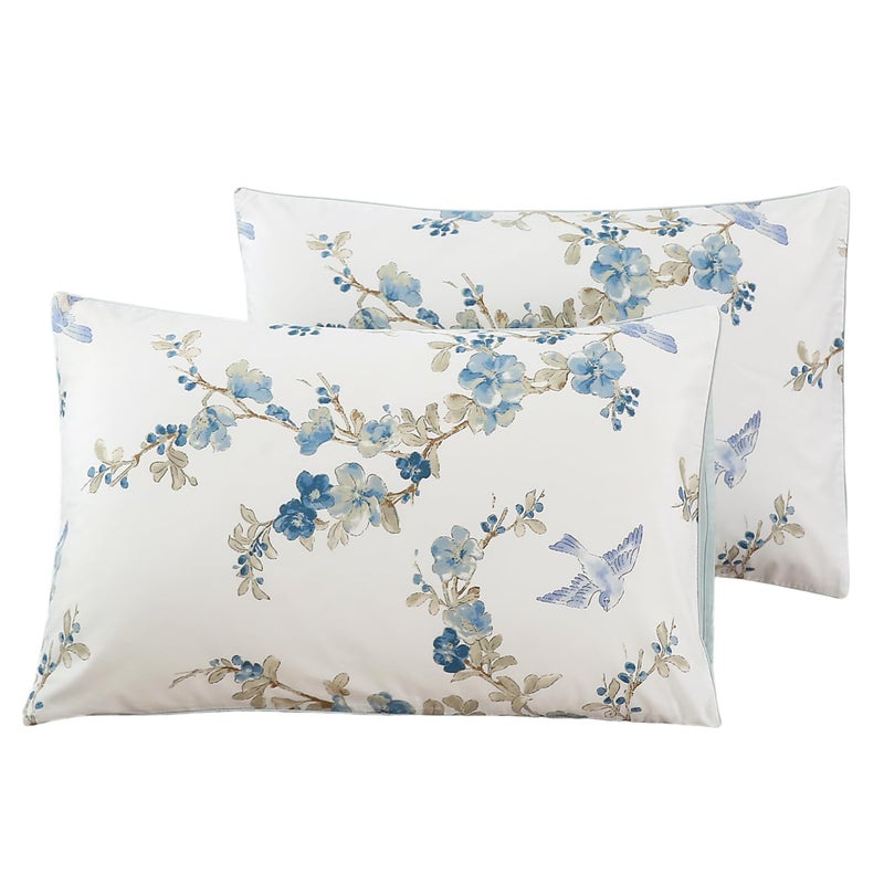 WINLIFE 100 Cotton Pillowcases Queen Size Blue Floral  Birds Printed Pillow Cover 2 Pack Super Soft Envelope Closure Queen Pillow Case Set Queen 20x30