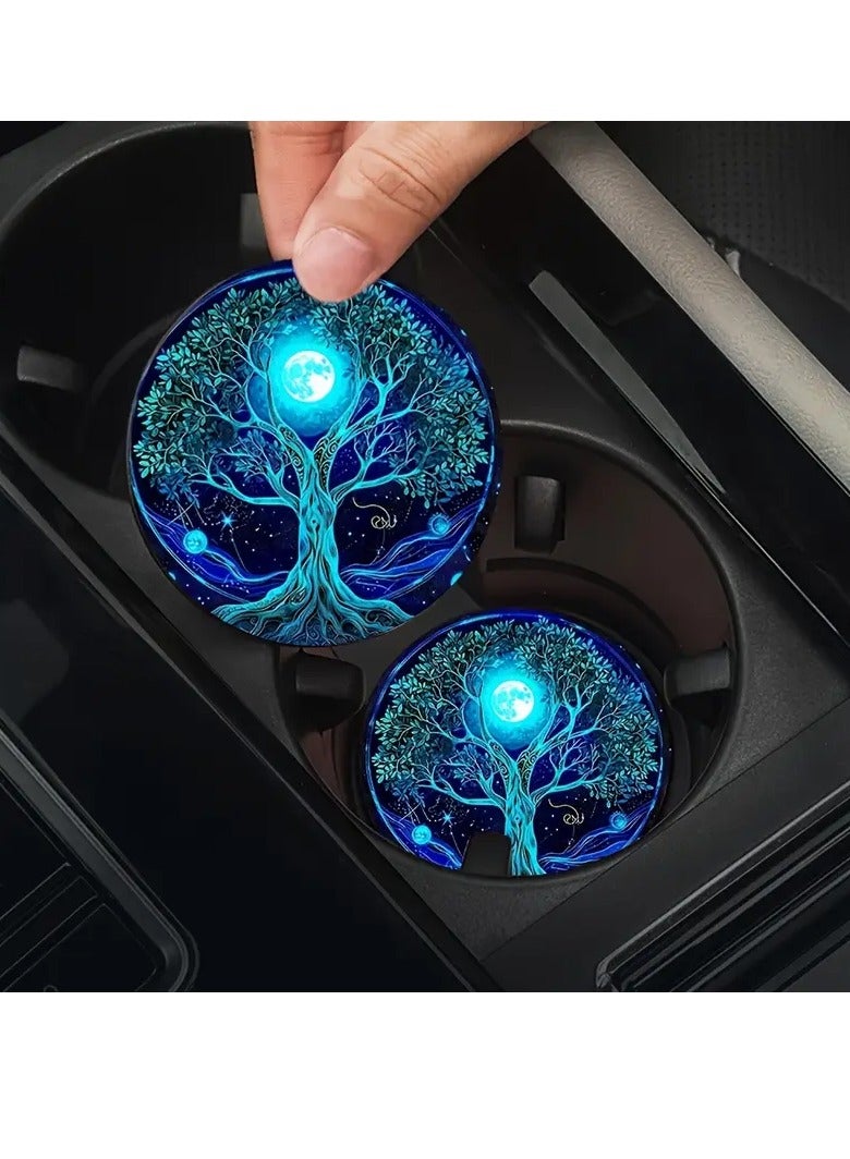 PAMEER Life Tree Car Cup Holder Coasters - 2-Pack, Blue Glowing Tree Design Washable Rubber Cup Mats, Spiritual Lake Scene Home Decor Car Accessories  - Image 1