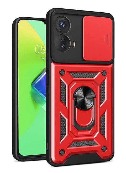 Case for Motorola Moto E14 / G04 / G24 with Sliding Camera Window, Kickstand, PC+TPU Dual-Layer,Red