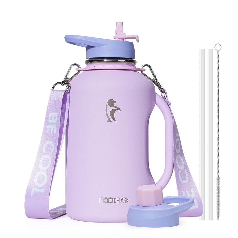 Coolflask Half Gallon Water Bottle with Straw 64 oz Insulated Stainless Steel Water Jug With Handle Metal DoubleWalled Vacuum Large Flask With Strap Leakproof Keep Cold 48 Hrs Hot 24hrs Lavender