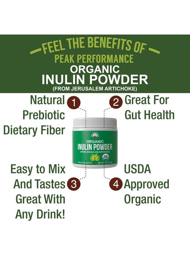Peak Performance Organic Inulin Powder Natural Prebiotic Fiber for Gut Health. USDA Organic Raw Plant Based Vegan Prebiotics FOS Supplement from Jerusalem Artichoke. HSA + FSA Eligible Vitamins Only List Approved - Image 1