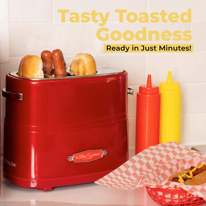 Nostalgia 2 Slot Hot Dog and Bun Toaster with Mini Tongs, Retro Toaster, Cooker that Works Chicken, Turkey, Veggie Links, Sausages Brats, Metallic Red - Image 5