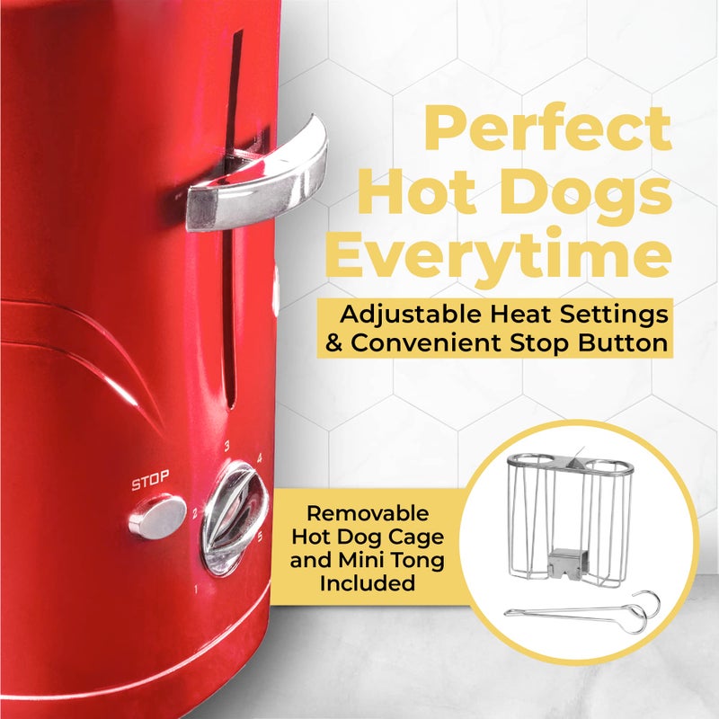 Nostalgia 2 Slot Hot Dog and Bun Toaster with Mini Tongs, Retro Toaster, Cooker that Works Chicken, Turkey, Veggie Links, Sausages Brats, Metallic Red - Image 3