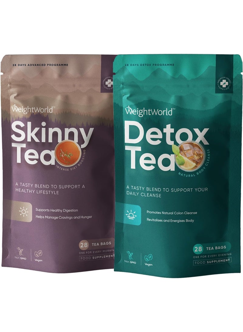 WeightWorld مجموعة شاي رفيع وديتوكس | شاي أخضر، نعناع، جذر الهندباء، زنجبيل، ليمون غراس، مورنغا وأولونغ | لروتين الصباح والمساء | 56 كيس | برنامج 28 يوم | مزيج أعشاب خالي من السعرات الحرارية - Image 1