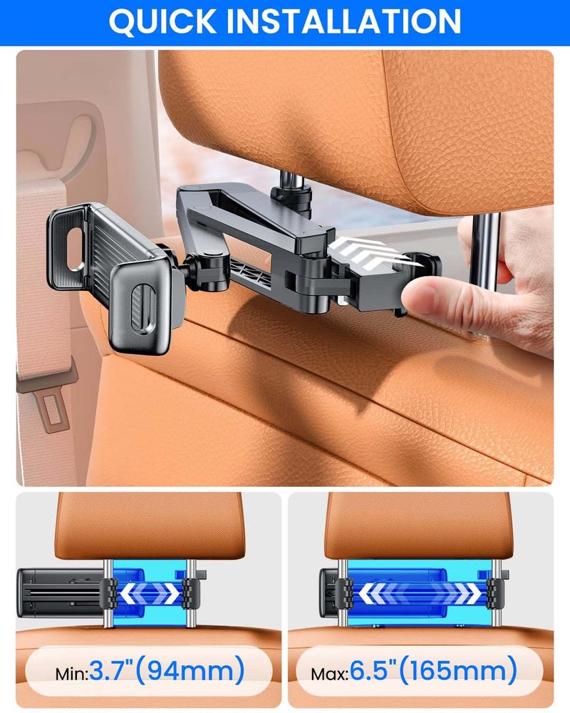 STHIRA® 360 ° Rotatable Phone & Tab holder for Car Back Seat 2 in 1 Headrest Tab Stand for Car with Retractable Arm Universal Snap-on Auto Mount for 4''-12.9'' Device, Road Trip Essentials for Vehicle - Image 3