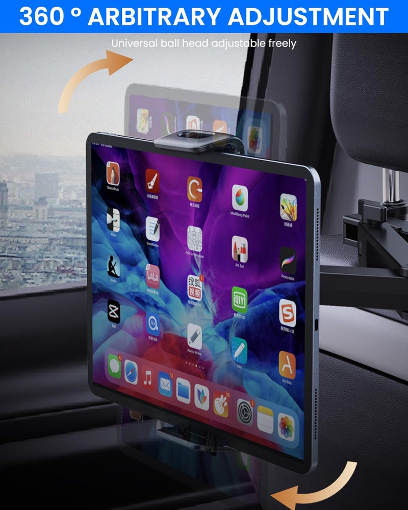 STHIRA® 360 ° Rotatable Phone & Tab holder for Car Back Seat 2 in 1 Headrest Tab Stand for Car with Retractable Arm Universal Snap-on Auto Mount for 4''-12.9'' Device, Road Trip Essentials for Vehicle - Image 5