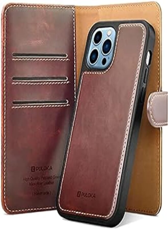 PULOKA Compatible with iPhone 13 PRO MAX Wallet Case [2cm 1 Detachable Magnetic Protective] PU Leather Card Holder Flip Cover Phone Case for iPhone 13 PRO MAX 6.7" brown 