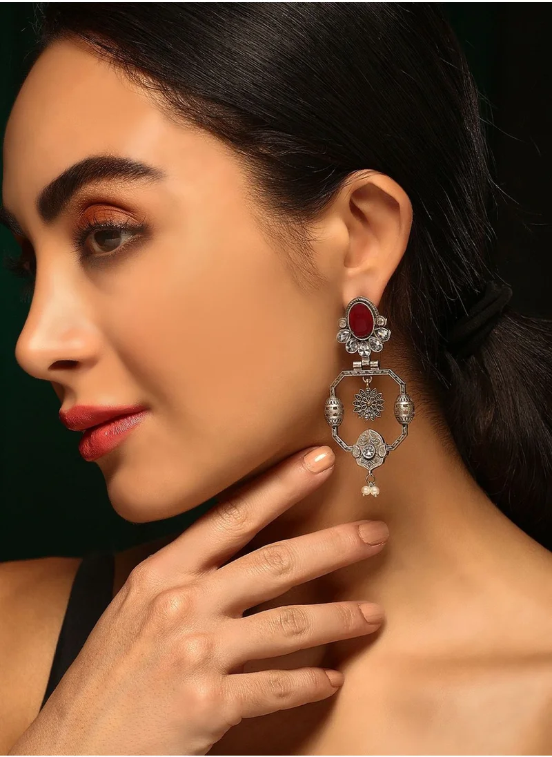 Priyaasi Plated Faux Ruby Oxidized Contemporary Drop Earrings