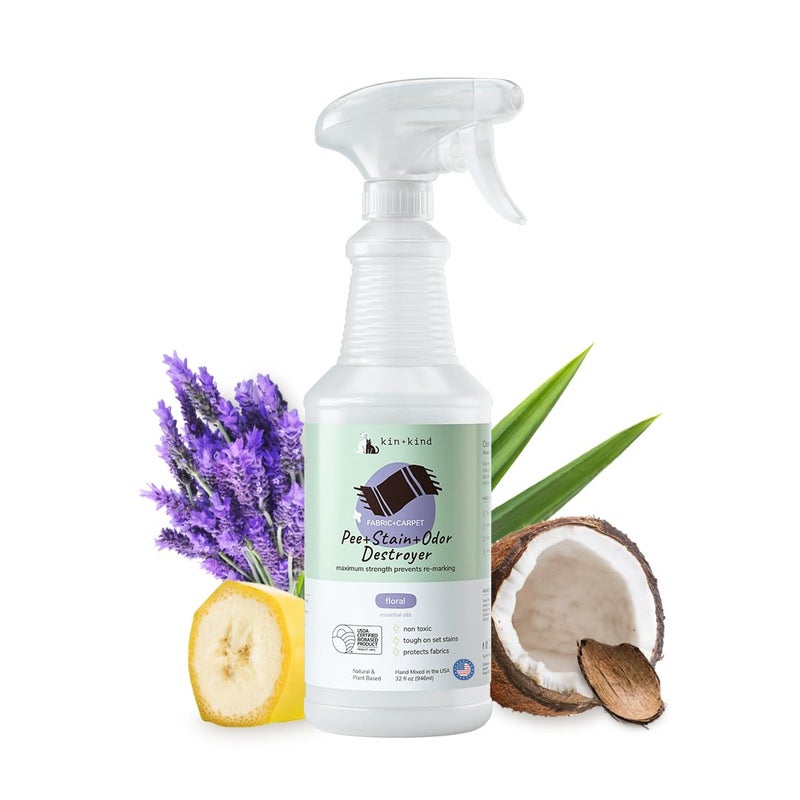 kin+kind Pet Odor Eliminator for Home - Litter Deodorizer, Pet Urine Odor Eliminator Spray and Stain Remover Spray for Harwood Floods, Carpet and Fabric - Pee, Odor and Stain Destroyer 32 fl oz - Image 1