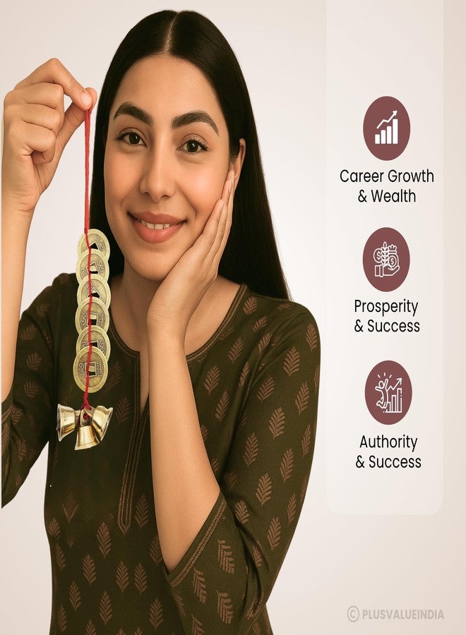 Plus Value Feng Shui Vastu Chinese 3 Bell 6 Coins Small Remedies for Home Office Main Entrance Door Hanging Positivity, Good Luck - Image 4