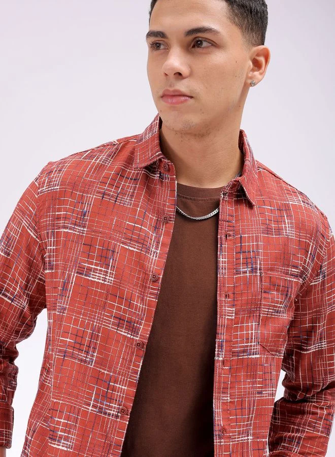 شركة المرآب الهندية Men Slim Fit Checkered Full Sleeves Cutaway Collar Casual Shirt