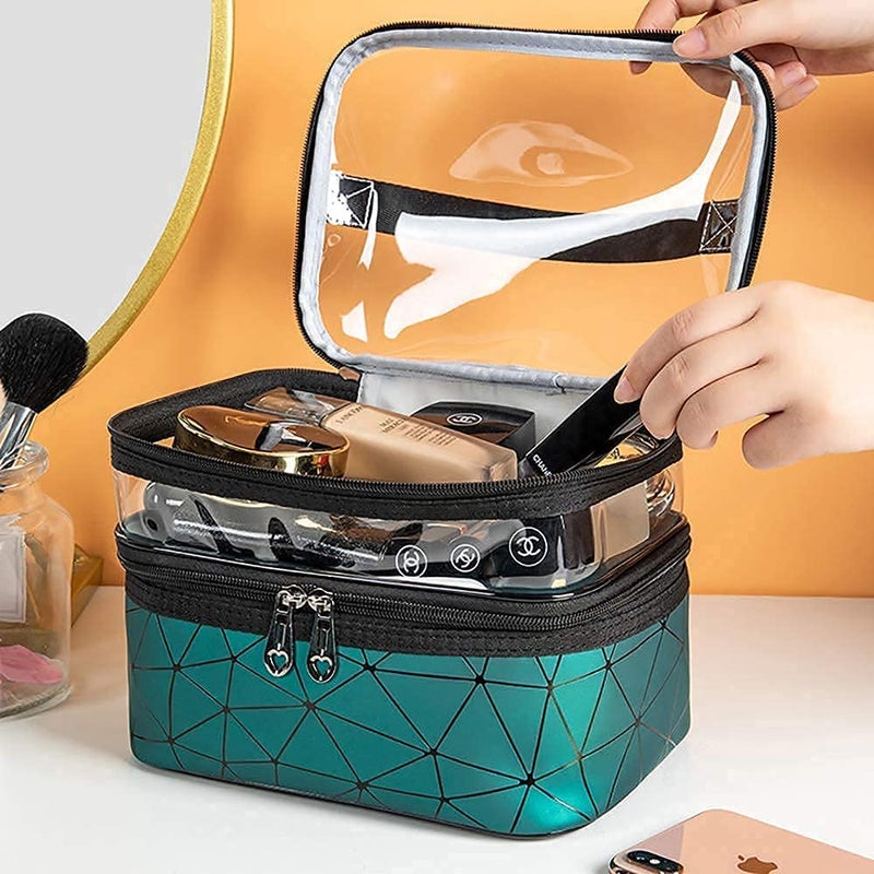 HELIMIX Transparent Makeup Bags Double Layer Travel Cosmetic Cases Makeup Organizer Toiletry Bags Cosmetic Pouch for Women Travel Storage Toiletry Pouch with Elastic Band and 2 Zipper - Image 2