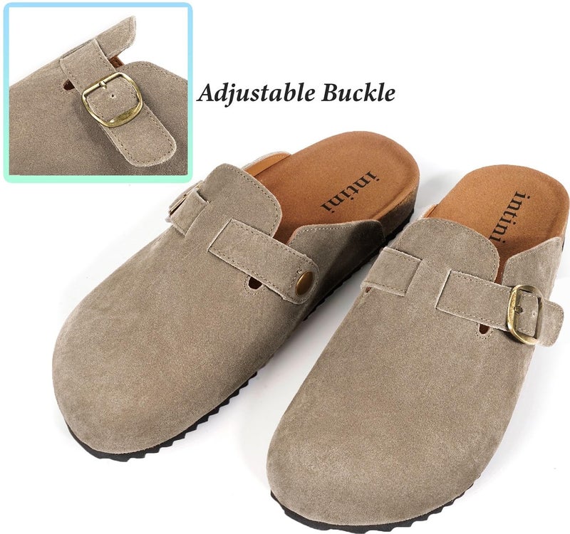Intini Suede Clogs for Mens Womens Genuine Leather Clogs Adjustable Buckle Cork Footbed Slippers Sandals Brown - Image 5
