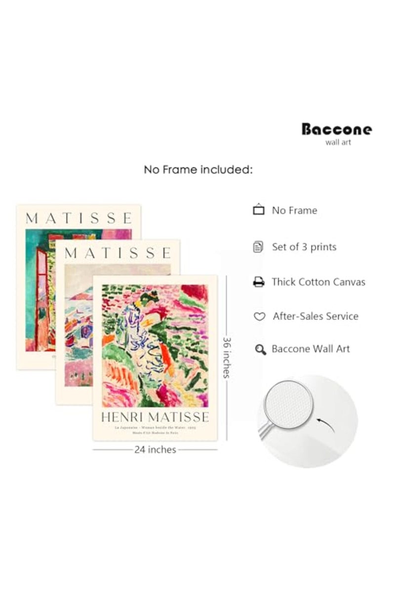 Baccone Henri Matisse Wall Art Prints Set of 3 Matisse Wall Decor Aesthetic Canvas Poster Colorful Abstract Pink Picture Vintage Flower Art Exhibition Posters for Room Bedroom 24x36 Inch Unframed - Image 2