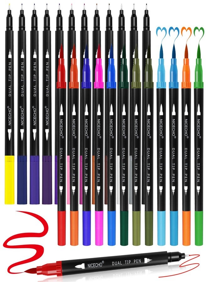 Nicecho 24 Colors Dual Tip Art Markers Pens for Adult Coloring Books, Brush and Fineliner Tip Art Suppliers for Journaling Note Taking Lettering - Image 1