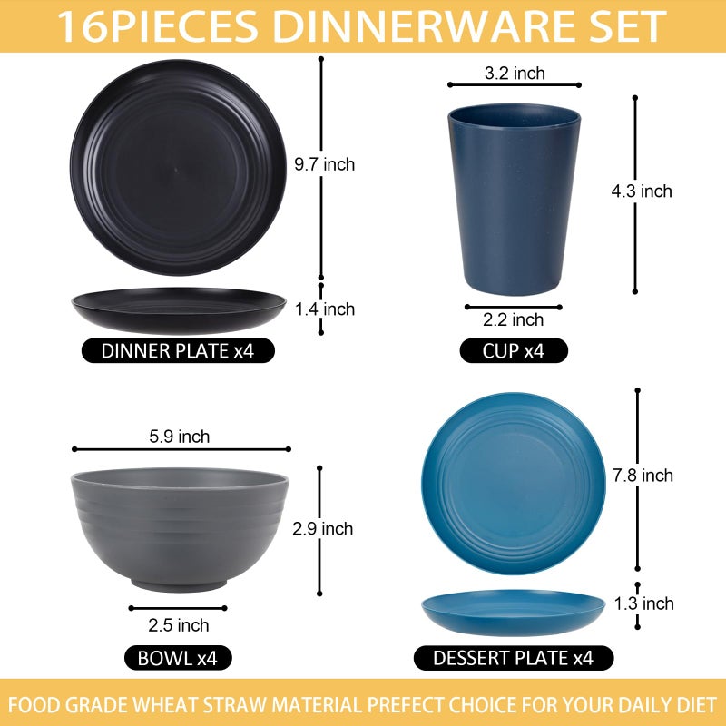 Rubtlamp 16Pcs Plastic Wheat Straw Dinnerware Set, Reusable Plastic Dishes Set for 4, Kitchen Plates And Bowls Set (Deep Four Colors) Include Dinner Plates, Dessert Plates, Cereal Bowls, Cups - Image 2