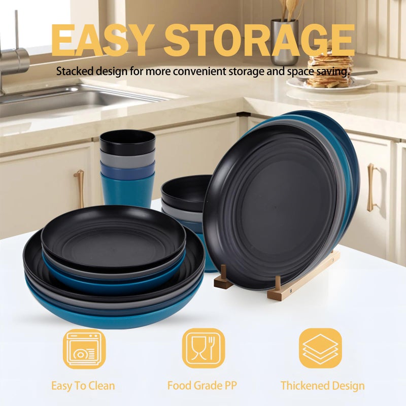 Rubtlamp 16Pcs Plastic Wheat Straw Dinnerware Set, Reusable Plastic Dishes Set for 4, Kitchen Plates And Bowls Set (Deep Four Colors) Include Dinner Plates, Dessert Plates, Cereal Bowls, Cups - Image 5