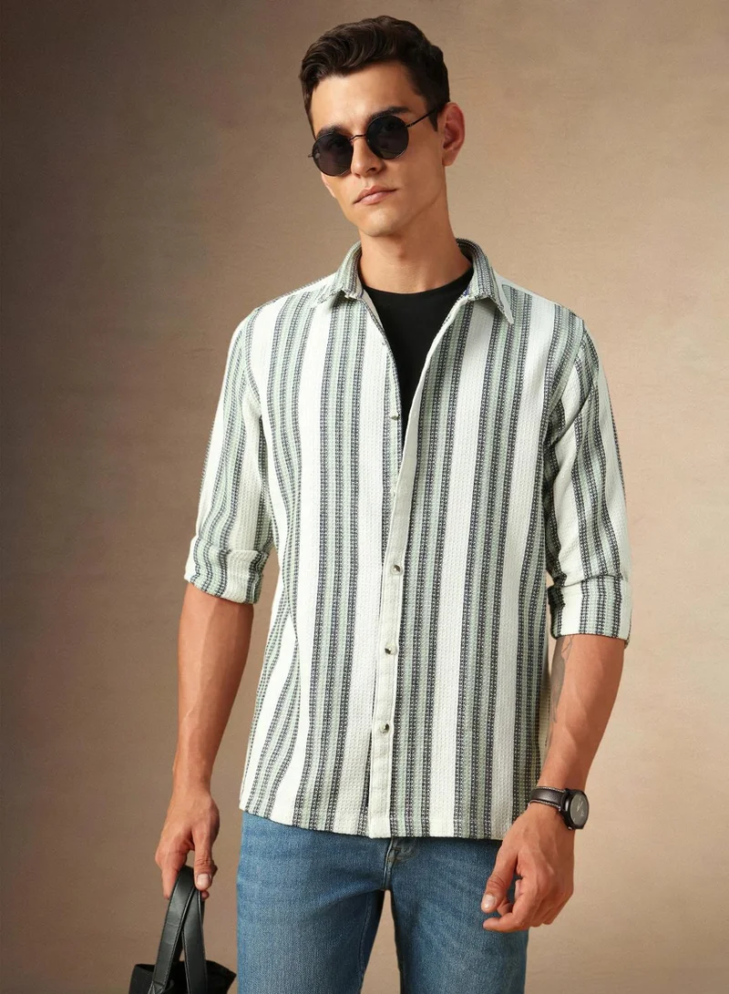 Men's White Cotton Blend Striped Shirt