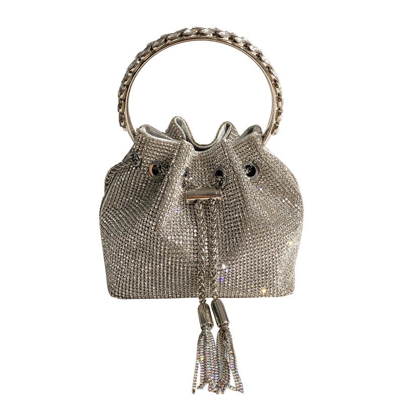 2025 Silver Women'S Popular Shiny Drawstring Tassel Set With Diamonds And Rhinestones Bucket Bag Full Of Diamonds Bag Bags - Image 2