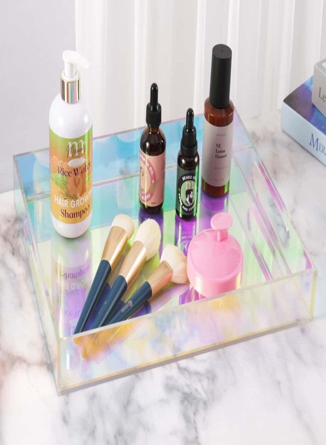 HLYU Iridescent Acrylic Serving Tray 10x10 inches, Spill Resistant, with Handles and Silicone Pads, Clear Acrylic Decorative Makeup Tray Organiser for Living Rooms, Kitchens, Bathrooms and Offices - Image 4
