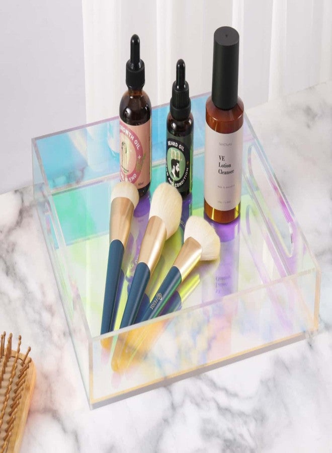 HLYU Iridescent Acrylic Serving Tray 10x10 inches, Spill Resistant, with Handles and Silicone Pads, Clear Acrylic Decorative Makeup Tray Organiser for Living Rooms, Kitchens, Bathrooms and Offices - Image 2