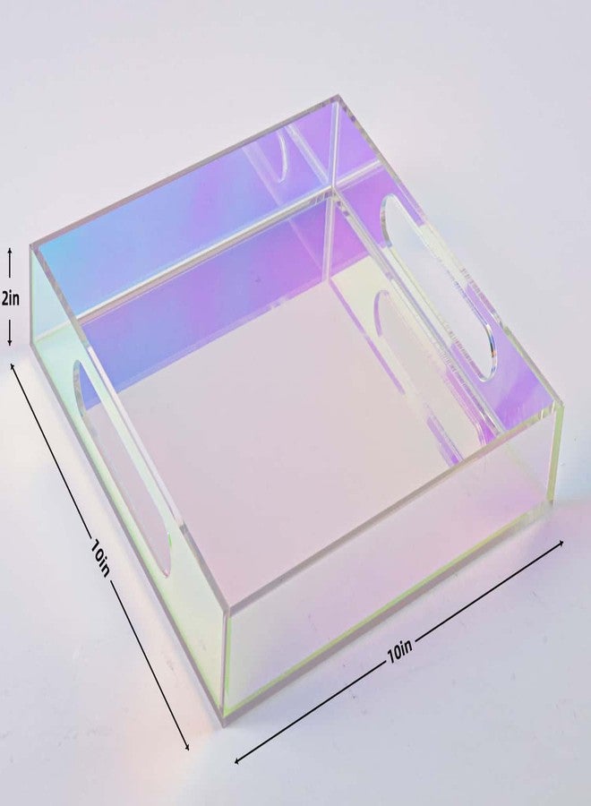 HLYU Iridescent Acrylic Serving Tray 10x10 inches, Spill Resistant, with Handles and Silicone Pads, Clear Acrylic Decorative Makeup Tray Organiser for Living Rooms, Kitchens, Bathrooms and Offices - Image 3