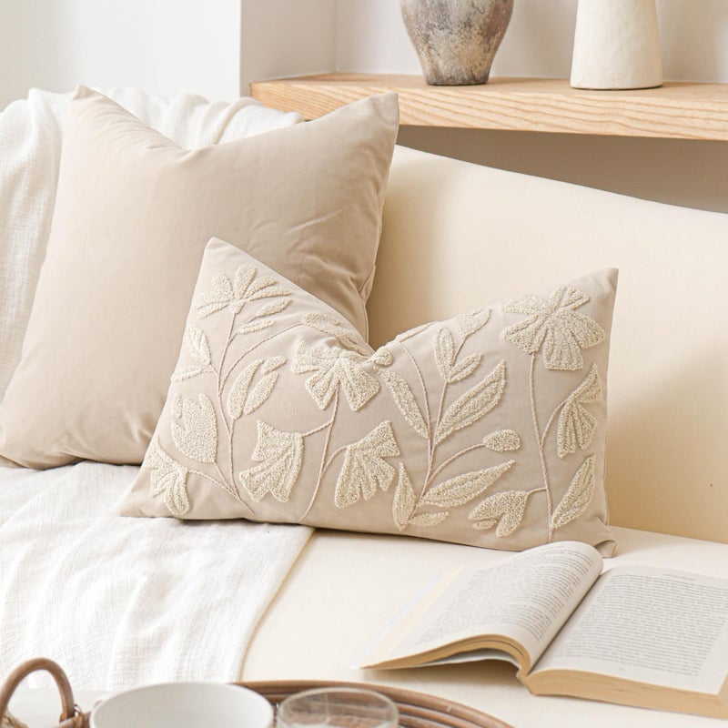 BlissBlush 12x20 Lumbar Pillow Cover, Rectangular Neutral Beige Decorative Throw Pillowcase for Couch Sofa, Embroidered Velvet Farmhouse Accent Cushion (Cover Only) - Image 1