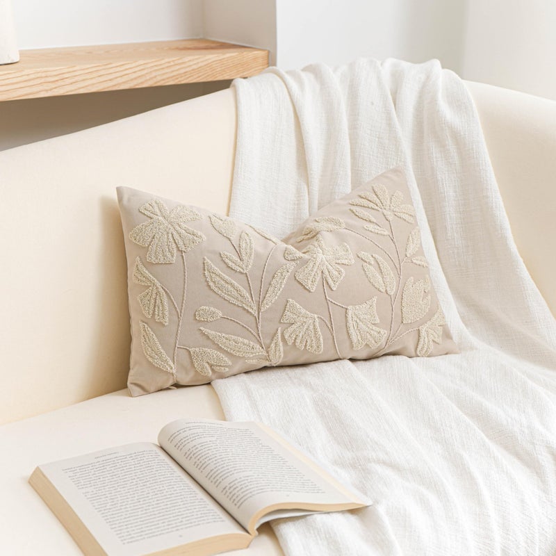 BlissBlush 12x20 Lumbar Pillow Cover, Rectangular Neutral Beige Decorative Throw Pillowcase for Couch Sofa, Embroidered Velvet Farmhouse Accent Cushion (Cover Only) - Image 3
