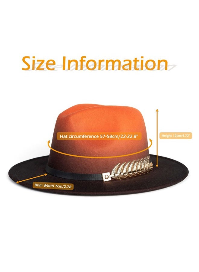 Gossifan Women Gradient Color Fedora Wide Brim Felt Panama Hat with Belt Buckle, Orange/Black, M - Image 3