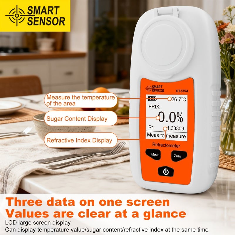 مقياس سكر رقمي (مقياس انكسار) مع تعويض تلقائي لدرجة الحرارة لتحليل عصائر الفواكه والمشروبات القهوية، مدى 0 إلى 35% بريكس. - Image 4