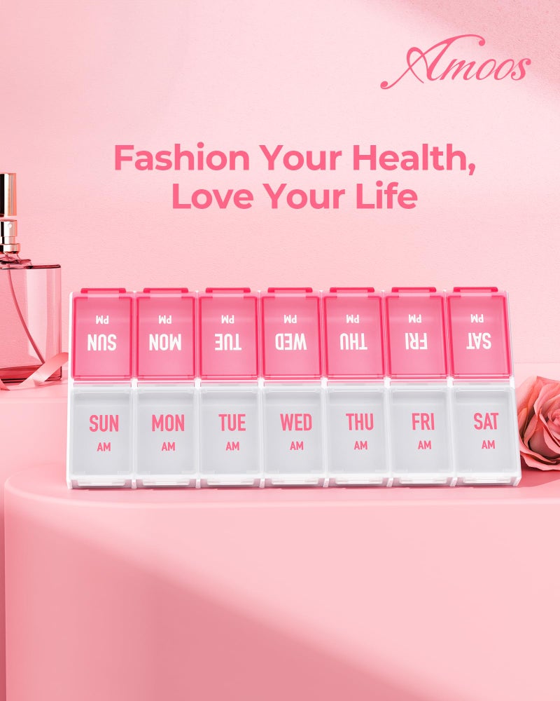 AMOOS Weekly Pill Organizer 2 Times a Day, Stylish Pill Box 7 Day AM PM with Large Compartments, Pill Case Easy to Use, BPA-Free Pill Container for Vitamins, Fish Oils, Supplements, Medicines, Pink - Image 2