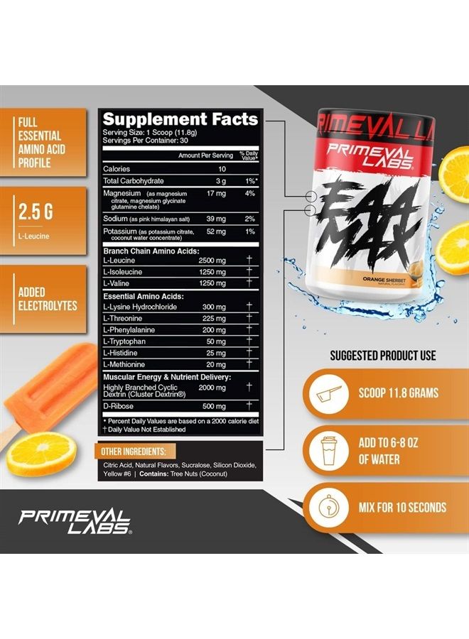 Primeval Labs EAA Max, BCAA Perfect Amino Acid Powder - Pre or Post Workout Muscle Recovery - BCAAs, EAAs, Electrolytes, Supports Hydration & Performance, Keto Friendly (Orange Sherbet) - Image 1