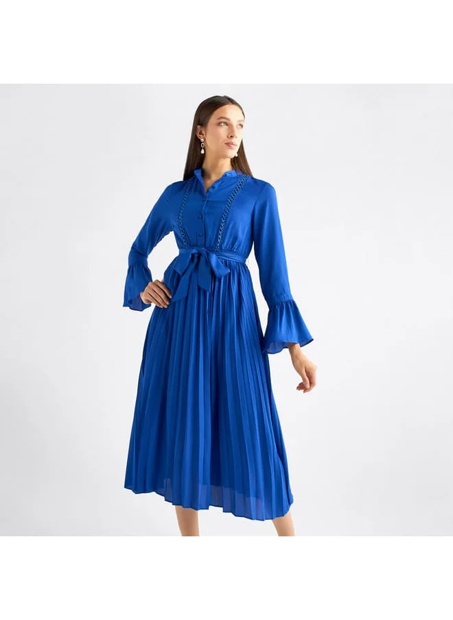 FAV Solid Pleated Mandarin Collar Dress with Bell Sleeves and Tie-Up Belt