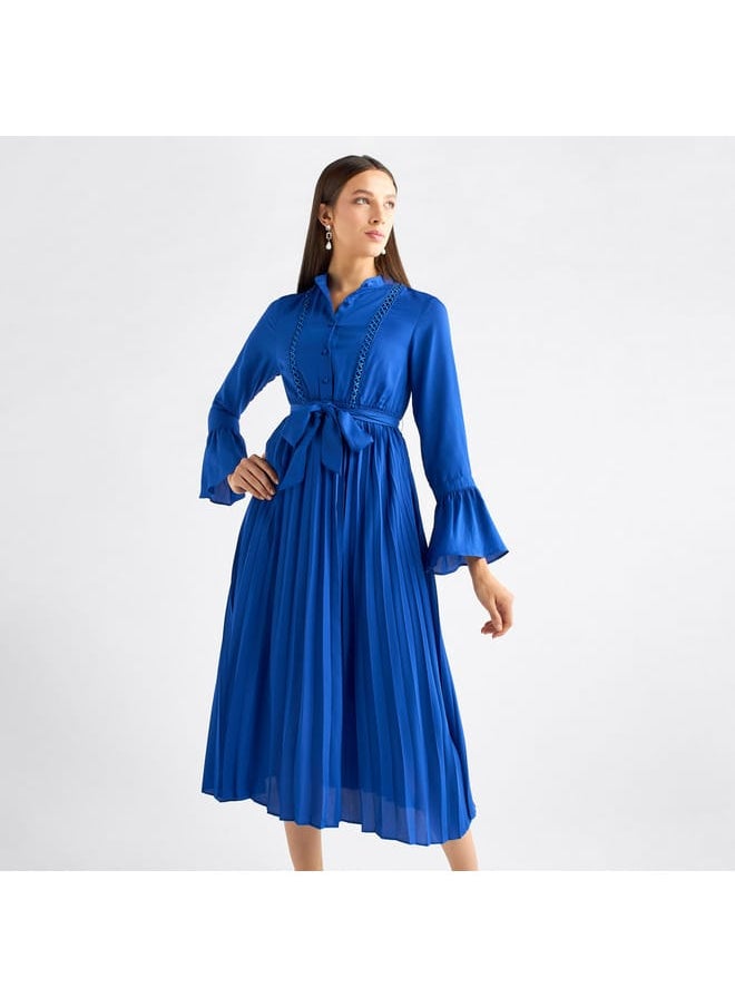 FAV Pleated Mandarin Collar Dress with Bell Sleeves and Tie-Up Belt  - Image 1