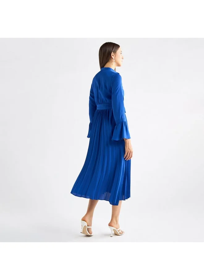 FAV Solid Pleated Mandarin Collar Dress with Bell Sleeves and Tie-Up Belt