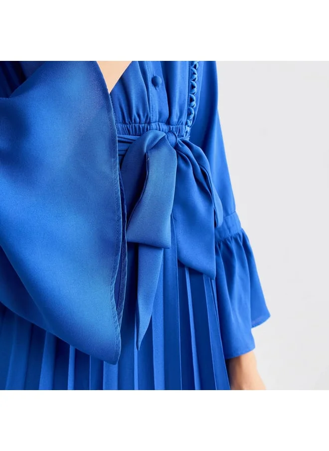 FAV Solid Pleated Mandarin Collar Dress with Bell Sleeves and Tie-Up Belt