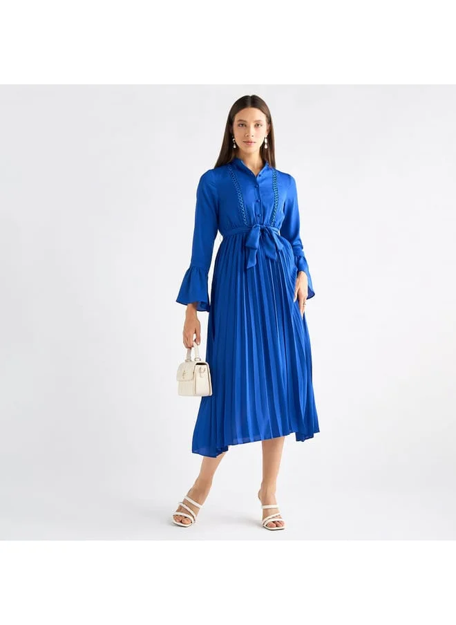 FAV Solid Pleated Mandarin Collar Dress with Bell Sleeves and Tie-Up Belt