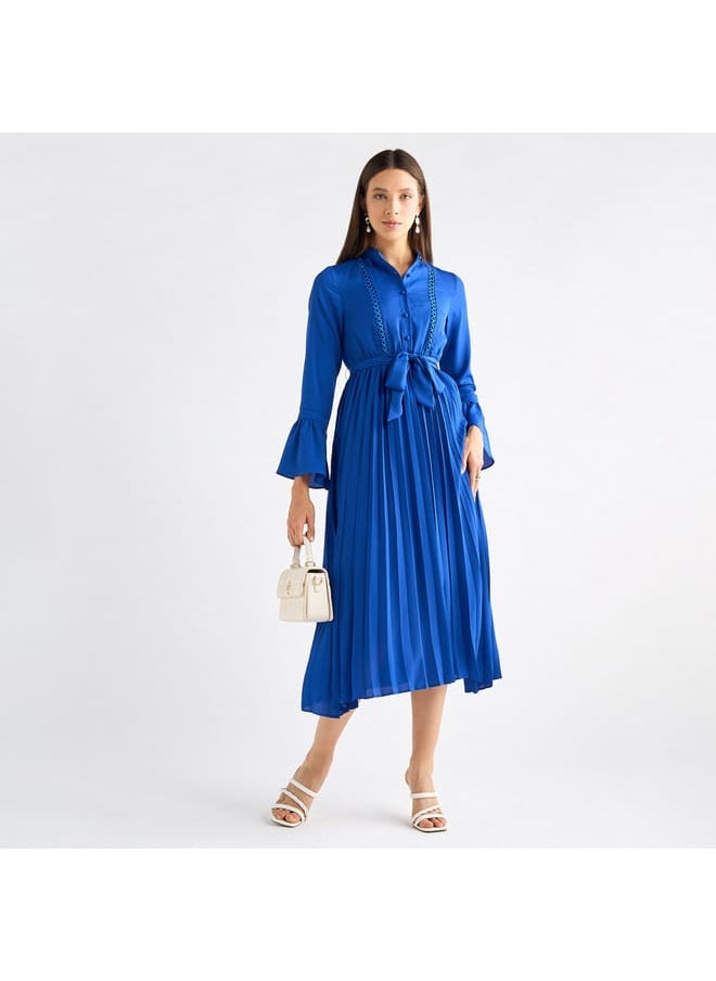 FAV Pleated Mandarin Collar Dress with Bell Sleeves and Tie-Up Belt  - Image 2