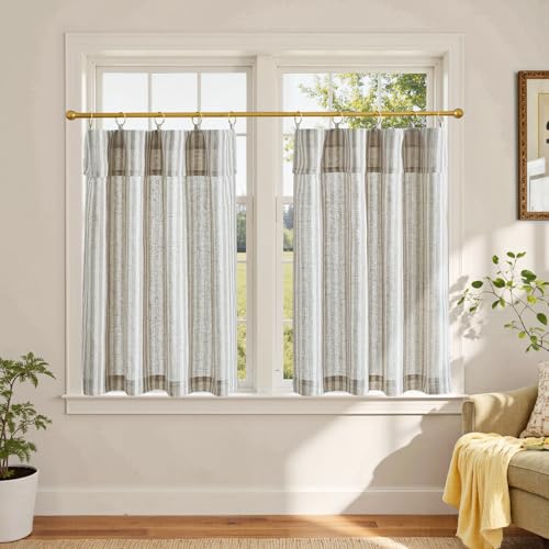 jinchan Striped Linen Kitchen Curtains with Attached Valance 36 Inch Length Cafe Tier Curtains for Living Room Rustic Half Window Light Filtering Rod Pocket Small Drapes 2 Panels Taupe Grey - Image 1
