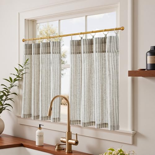 jinchan Striped Linen Kitchen Curtains with Attached Valance 36 Inch Length Cafe Tier Curtains for Living Room Rustic Half Window Light Filtering Rod Pocket Small Drapes 2 Panels Taupe Grey - Image 3