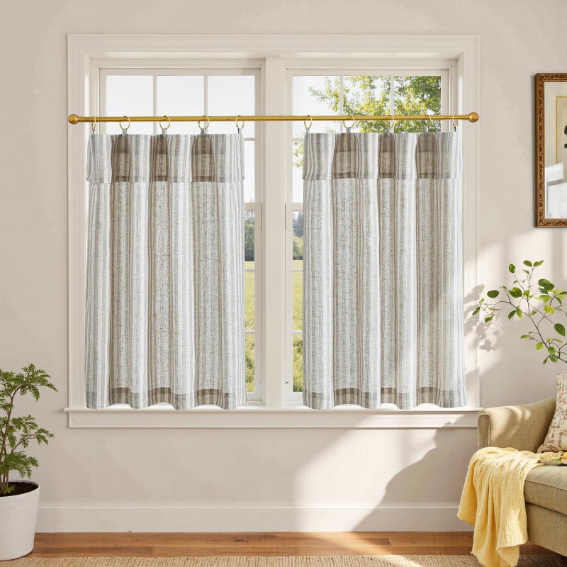 jinchan Striped Linen Kitchen Curtains with Attached Valance 36 Inch Length Cafe Tier Curtains for Living Room Rustic Half Window Light Filtering Rod Pocket Small Drapes 2 Panels Taupe Grey - Image 2