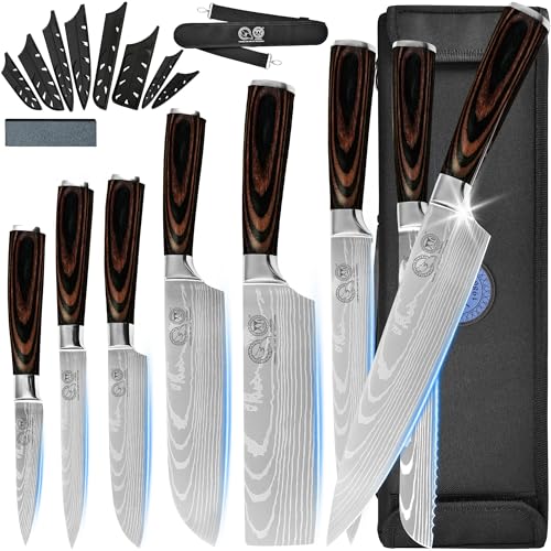 XYJ Stainless Steel Kitchen Knives Set 8 Piece Chef Knife Set with Carry Case Bag & Sheath Well Balance Ergonomic Handle - Image 1