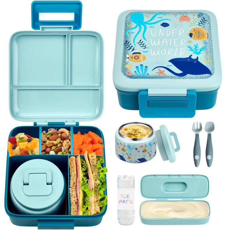 JXXM Bento Lunch Box with 8oz Soup thermo (Blue-Octopus) - Image 1