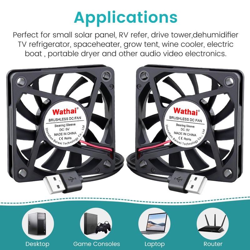Wathai 2 Packs Wathai 60mm x 10mm USB Computer Fan 5V with Speed Control DC Brushless Cooling Fans for Charger PC Case Router Raspberry Pi Radiator Cooler Ventilation - Image 4