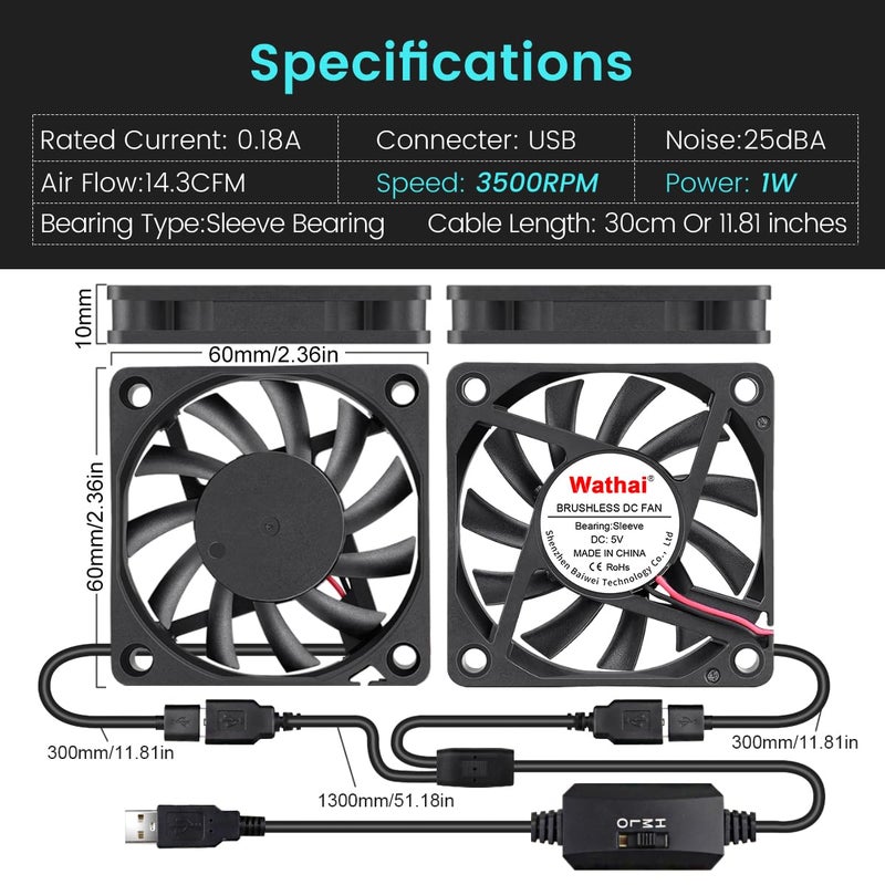 Wathai 2 Packs Wathai 60mm x 10mm USB Computer Fan 5V with Speed Control DC Brushless Cooling Fans for Charger PC Case Router Raspberry Pi Radiator Cooler Ventilation - Image 2