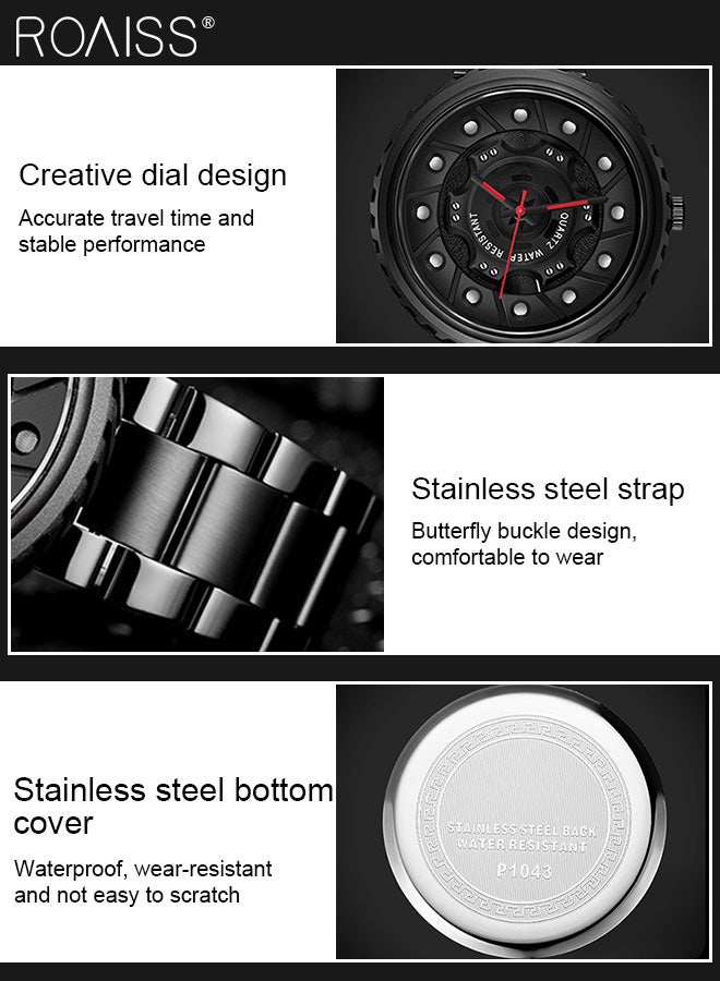 رويس ساعة كوارتز فريدة من نوعها للرجال بسوار من الفولاذ، وشاشة تناظرية وقرص بتصميم عجلة دائرية، ساعة يد أنيقة مقاومة للماء مع هيكل من السبائك المعدنية كهدية للرجال - Image 5