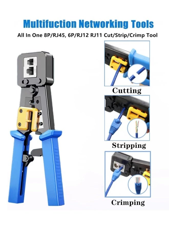 RJ45 Crimp Tool Kit with Pass Through Connectors - Cat5/5e/Cat6 Ethernet Cable Crimper, Network Tester, and Wire Stripper Set, 30PCS 1.1mm CAT6 Connectors  Covers Included - Image 2