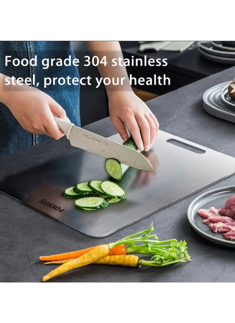 Premium Titanium Stainless Steel Cutting Board Double-Sided, Kitchen Chopping Board durable, Hygienic Edge for Safe Food Prep, Silvery for Kitchen,Meat,Fruit,Pastry,Pizza,Cheese,Vegetables